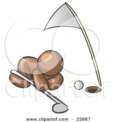 Clipart Illustration of a Brown Man Down On The Ground, Trying To Blow A Golf Ball Into The Hole by Leo Blanchette