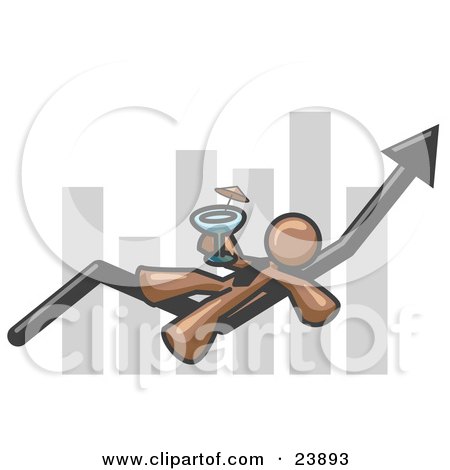 Clipart Illustration of a Brown Business Owner Man Relaxing on an Increase Bar and Drinking, Finally Taking a Break by Leo Blanchette