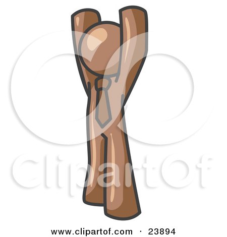 Clipart Illustration of a Brown Man Standing With His Arms Above His Head by Leo Blanchette