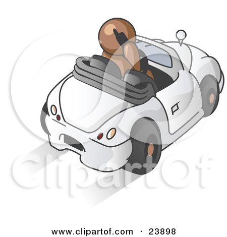 Clipart Illustration of a Brown Businessman Talking on a Cell Phone While Driving in a White Convertible Car by Leo Blanchette
