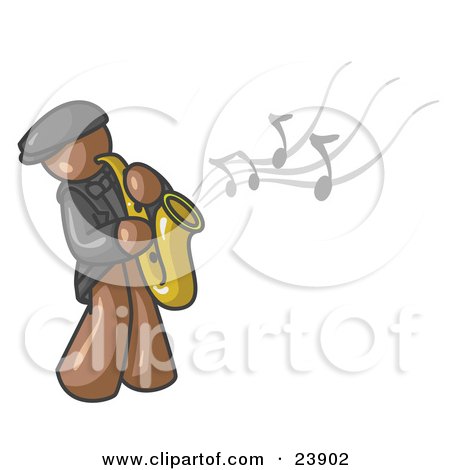 Clipart Illustration of a Musical Brown Man Playing Jazz With a Saxophone by Leo Blanchette