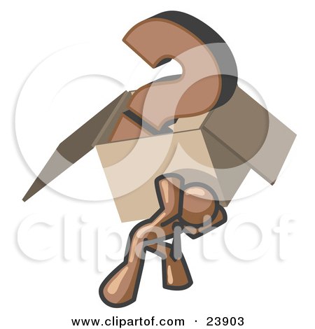 Clipart Illustration of a Brown Man Carrying a Heavy Question Mark in a Box by Leo Blanchette