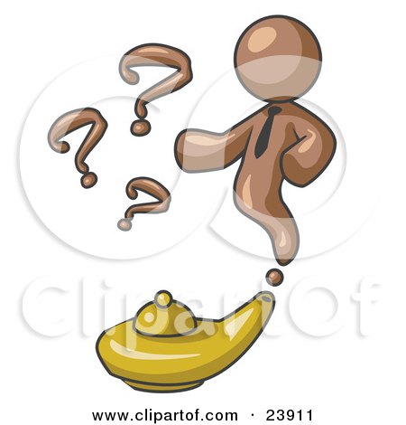 Clipart Illustration of a Brown Genie Man Emerging From a Golden Lamp With Question Marks by Leo Blanchette