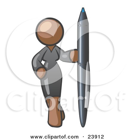 Clipart Illustration of a Brown Woman In A Gray Dress, Standing With One Hand On Her Hip, Holding A Huge Pen by Leo Blanchette