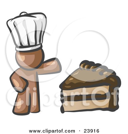 Clipart Illustration of a Brown Chef Man Wearing A White Hat And Presenting A Tasty Slice Of Chocolate Frosted Cake by Leo Blanchette