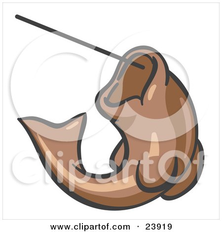 Clipart Illustration of a Brown Fish Jumping Up And Biting A Hook On A Fishing Line by Leo Blanchette