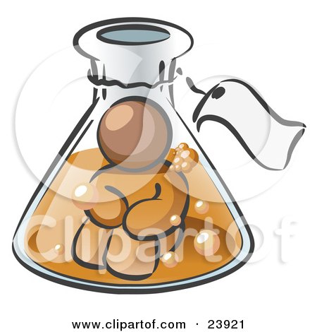 Clipart Illustration of a Brown Man Trapped Inside A Bubbly Potion In A Laboratory Beaker With A Tag Around The Bottle by Leo Blanchette