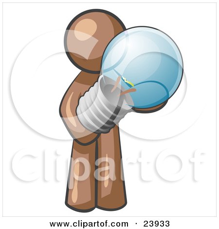 Clipart Illustration of a Brown Man Holding A Glass Electric Lightbulb, Symbolizing Utilities Or Ideas by Leo Blanchette