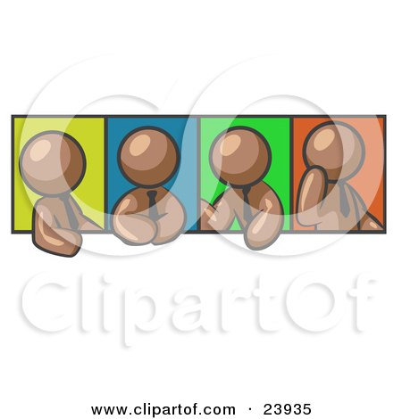 Clipart Illustration of Four Brown Men In Different Poses Against Colorful Backgrounds, Perhaps During A Meeting by Leo Blanchette
