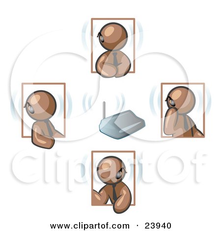 Clipart Illustration of a Group of Four Brown Men Holding A Phone Meeting And Wearing Wireless Bluetooth Headsets by Leo Blanchette