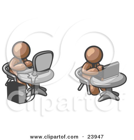 Clipart Illustration of Two Brown Men, Employees, Working on Computers in an Office, One Using a Desktop, the Other Using a Laptop by Leo Blanchette