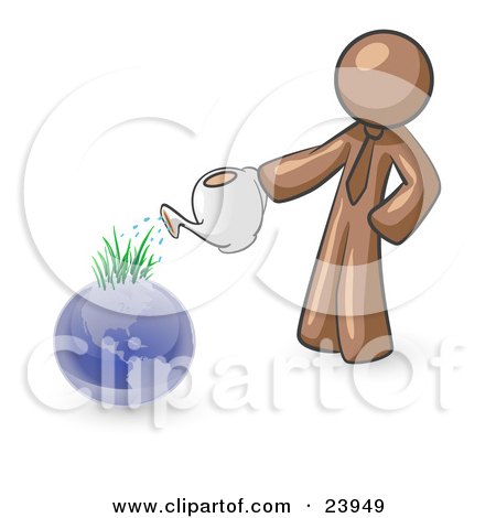 Clipart Illustration of a Brown Man Using A Watering Can To Water New Grass Growing On Planet Earth, Symbolizing Someone Caring For The Environment by Leo Blanchette