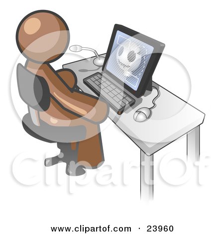 Clipart Illustration of a Brown Doctor Man Sitting at a Computer and Viewing an Xray of a Head  by Leo Blanchette