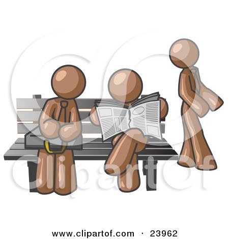 Clipart Illustration of Brown Men at a Bench at a Bus Stop  by Leo Blanchette