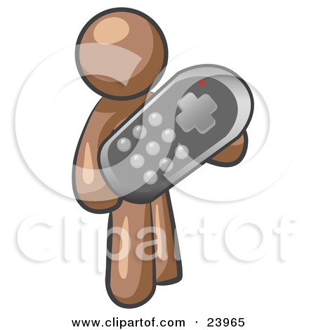 Clipart Illustration of a Brown Man Holding A Remote Control To A Television by Leo Blanchette