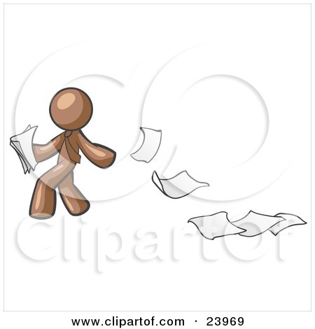 Clipart Illustration of a Brown Man Dropping White Sheets Of Paper On A Ground And Leaving A Paper Trail, Symbolizing Waste by Leo Blanchette