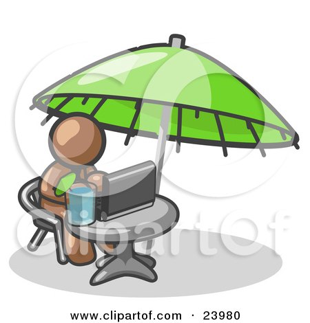 Clipart Illustration of a Traveling Brown Business Man Sitting Under an Umbrella at a Table Using a Laptop Computer  by Leo Blanchette