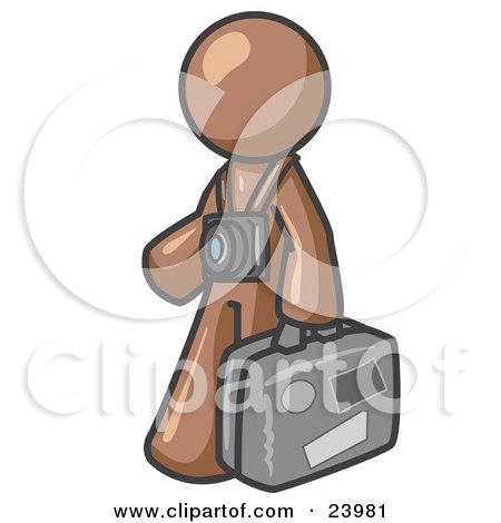 Clipart Illustration of a Brown Male Tourist Carrying His Suitcase and Walking With a Camera Around His Neck by Leo Blanchette