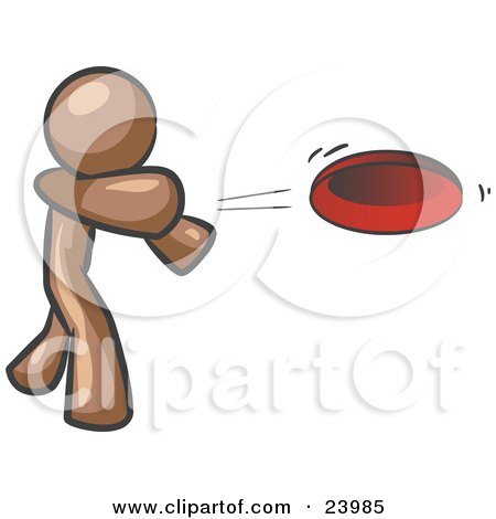 Clipart Illustration of a Brown Man Tossing A Red Flying Disc Through The Air For Someone To Catch by Leo Blanchette