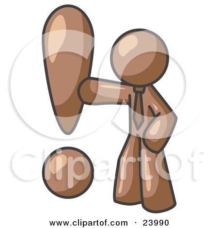 Clipart Illustration of a Brown Businessman Standing by a Large Exclamation Point by Leo Blanchette