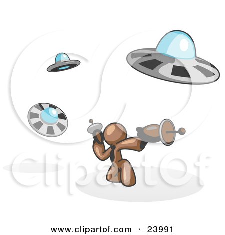 Clipart Illustration of a Brown Man Fighting Off UFO's With Weapons by Leo Blanchette