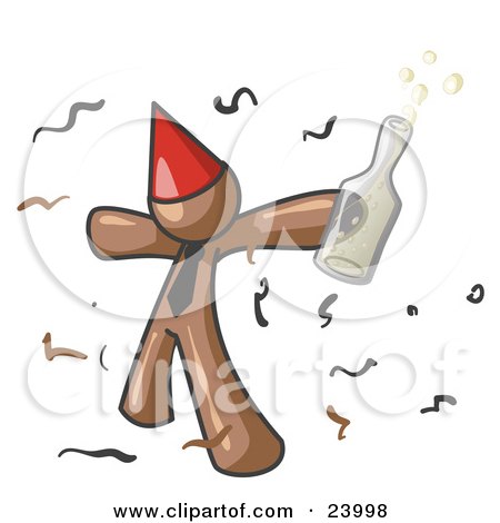 Clipart Illustration of a Happy Brown Man Partying With a Party Hat, Confetti and a Bottle of Liquor by Leo Blanchette
