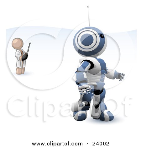 Clipart Illustration of a Brown Man Inventor Operating An Blue Robot With A Remote Control by Leo Blanchette
