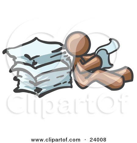 Clipart Illustration of a Brown Man Leaning Against a Stack of Papers by Leo Blanchette