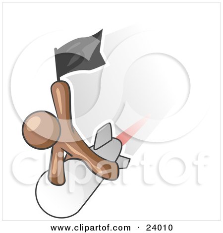 Clipart Illustration of a Brown Man Waving A Flag While Riding On Top Of A Fast Missile Or Rocket, Symbolizing Success by Leo Blanchette