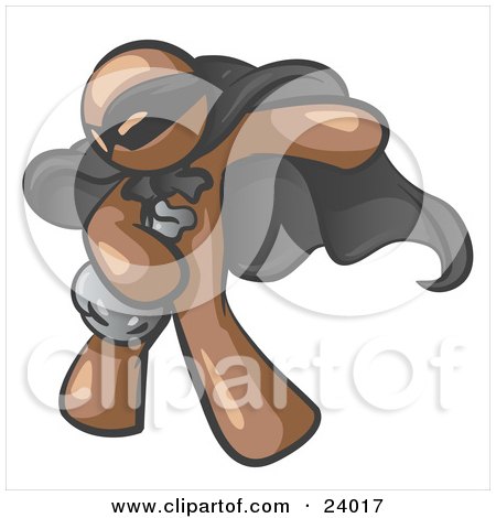 Clipart Illustration of a Brown Man In A Mask And Cape, Stealing Belongings In A Bag by Leo Blanchette