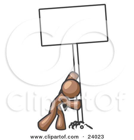 Clipart Illustration of a Strong Brown Man Pushing a Blank Sign Upright  by Leo Blanchette