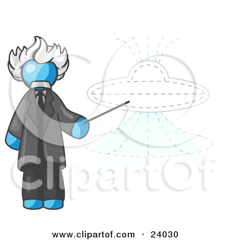 Clipart Illustration of a Light Blue Einstein Man Pointing a Stick at a Presentation of a Flying Saucer by Leo Blanchette
