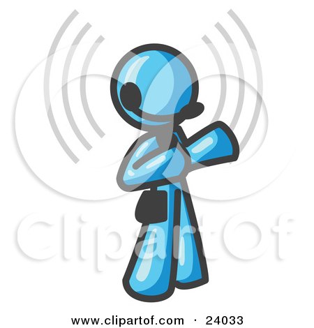 Clipart Illustration of a Light Blue Customer Service Representative Taking a Call With a Headset in a Call Center by Leo Blanchette