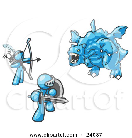 Clipart Illustration of Two Light Blue Men Working Together to Conquer an Obstacle, a Dragon by Leo Blanchette