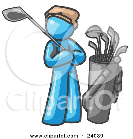 Clipart Illustration of a Light Blue Man Standing by His Golf Clubs by Leo Blanchette