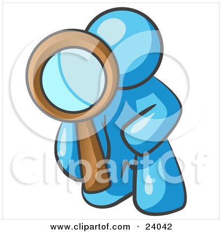 Clipart Illustration of a Light Blue Man Kneeling On One Knee To Look Closer At Something While Inspecting Or Investigating by Leo Blanchette