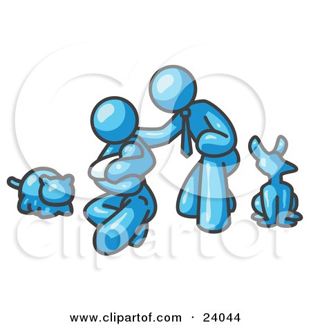Clipart Illustration of a Light Blue Family, Father, Mother And Newborn Baby With Their Dog And Cat by Leo Blanchette