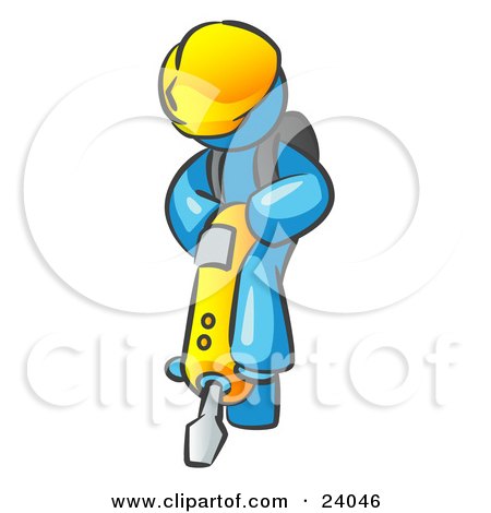 Clipart Illustration of a Light Blue Construction Worker Man Wearing A Hardhat And Operating A Yellow Jackhammer While Doing Road Work by Leo Blanchette