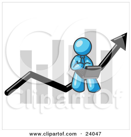 Clipart Illustration of a Light Blue Man Using a Laptop Computer, Riding the Increasing Arrow Line on a Business Chart Graph by Leo Blanchette