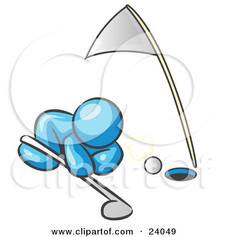 Clipart Illustration of a Light Blue Man Down On The Ground, Trying To Blow A Golf Ball Into The Hole by Leo Blanchette