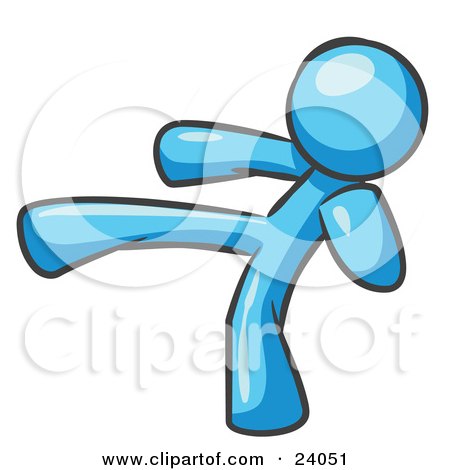 Clipart Illustration of a Light Blue Man Kicking, Perhaps While Kickboxing by Leo Blanchette