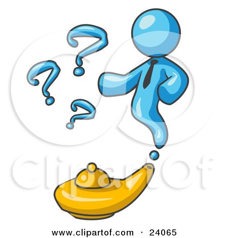 Clipart Illustration of a Light Blue Genie Man Emerging From a Golden Lamp With Question Marks by Leo Blanchette