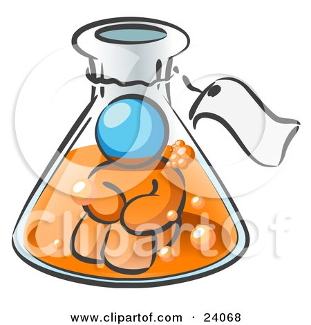 Clipart Illustration of a Light Blue Man Trapped Inside A Bubbly Potion In A Laboratory Beaker With A Tag Around The Bottle by Leo Blanchette