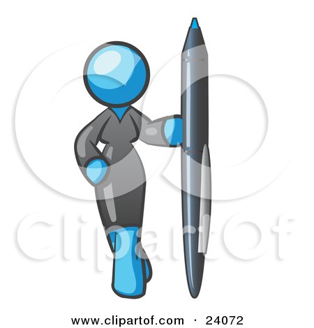 Clipart Illustration of a Light Blue Woman In A Gray Dress, Standing With One Hand On Her Hip, Holding A Huge Pen by Leo Blanchette