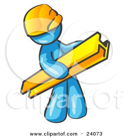 Clipart Illustration of a Light Blue Man Construction Worker Wearing A Hardhat And Carrying A Beam At A Work Site by Leo Blanchette