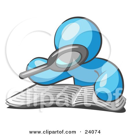 Clipart Illustration of a Light Blue Man Using A Magnifying Glass To Examine The Facts In The Daily Newspaper by Leo Blanchette