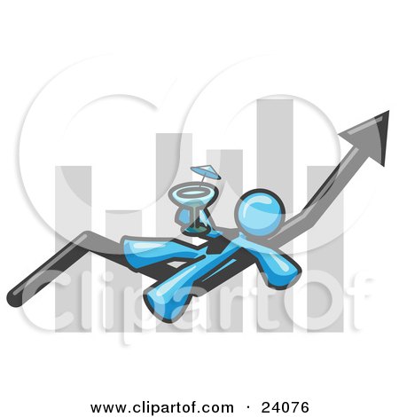 Clipart Illustration of a Light Blue Business Owner Man Relaxing on an Increase Bar and Drinking, Finally Taking a Break by Leo Blanchette
