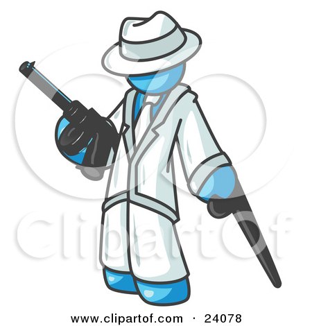 Clipart Illustration of a Light Blue Gangster Man Carrying a Gun and Leaning on a Cane by Leo Blanchette