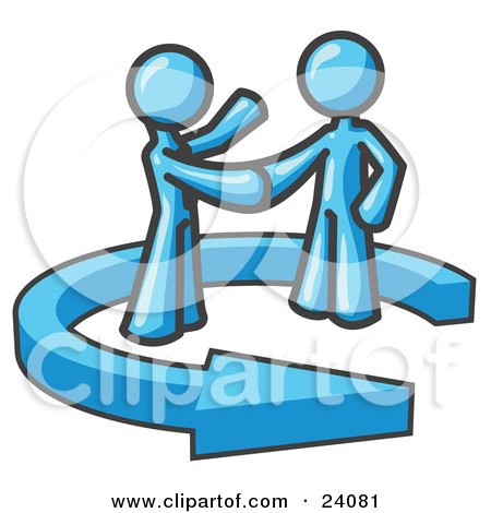 Clipart Illustration of a Light Blue Salesman Shaking Hands With a Client While Making a Deal by Leo Blanchette