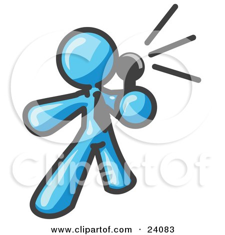 Clipart Illustration of a Light Blue Man Holding a Megaphone and Making an Announcement by Leo Blanchette